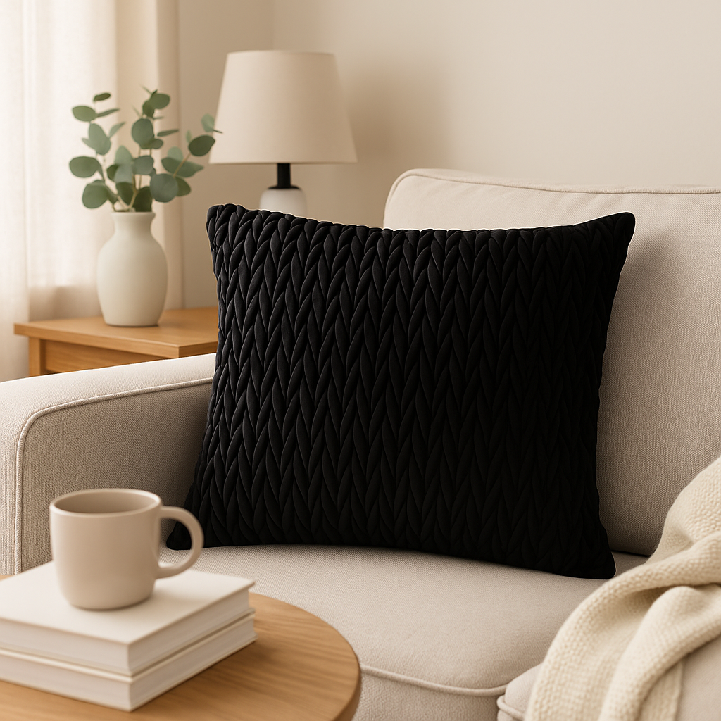 Dette sorte putetrekket i velur gir interiøret en dramatisk og tidløs kontrast. Den mørke fargen fremhever lysere tekstiler og tilfører en følelse av eksklusivitet. Med flettet struktur får trekket et spennende preg som gjør puten til et markant innslag i sofaen eller på soverommet.