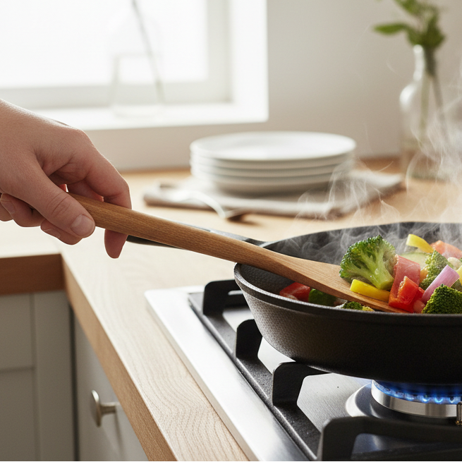 Spatula flipping vegetables