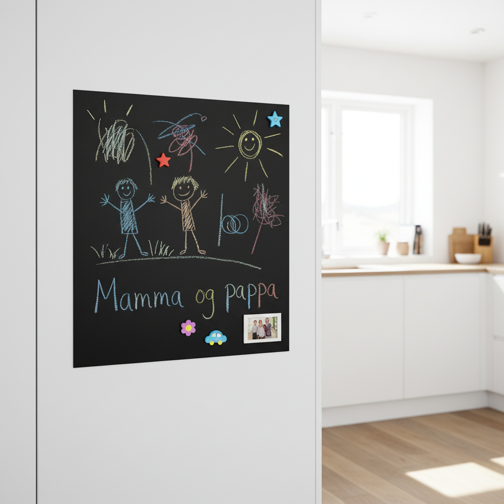 Selvklebende tavlefolie på kjøleskapet med ukemeny skrevet på norsk og magneter med bilder.