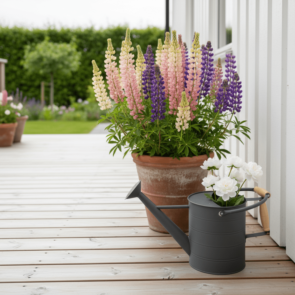 Dekorativ mørk grå vannkanne plassert på en lys treterrasse sammen med blomster og grønne planter. - Lindas dekor