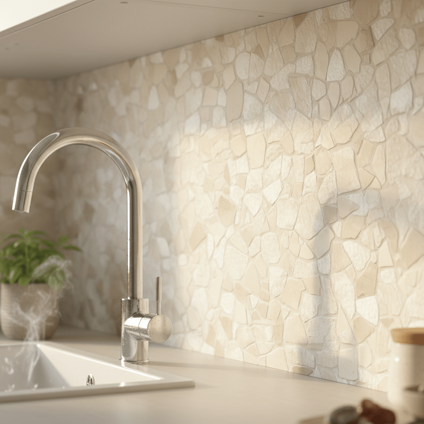 Tuscany Stone selvklebende fliser montert på kjøkkenvegg i beige steinlook