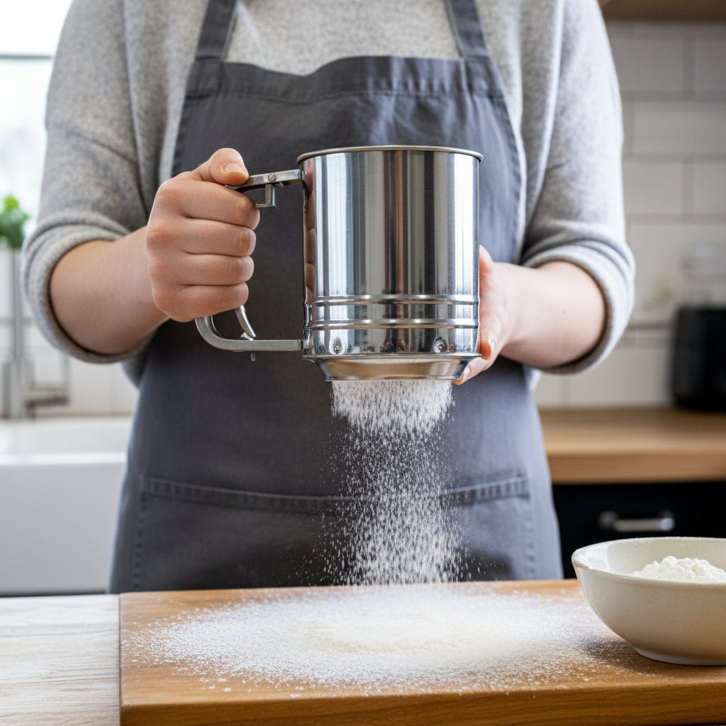 Melsikt i rostfritt stål från KitchenCraft, används för att sika mjöl över bagebord