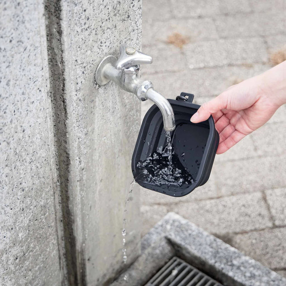 Sammenleggbar hundeskål i svart silikon med karabinkrok for tur og reise