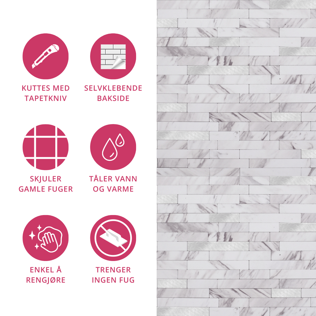 Praktiske fliser med selvklebende bakside montert over vask.