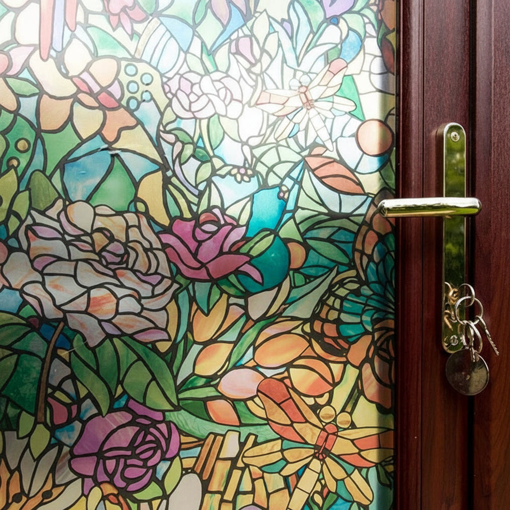 Tulia vindusfolie med fargerikt blyglass-design, blomster og øyenstikkere