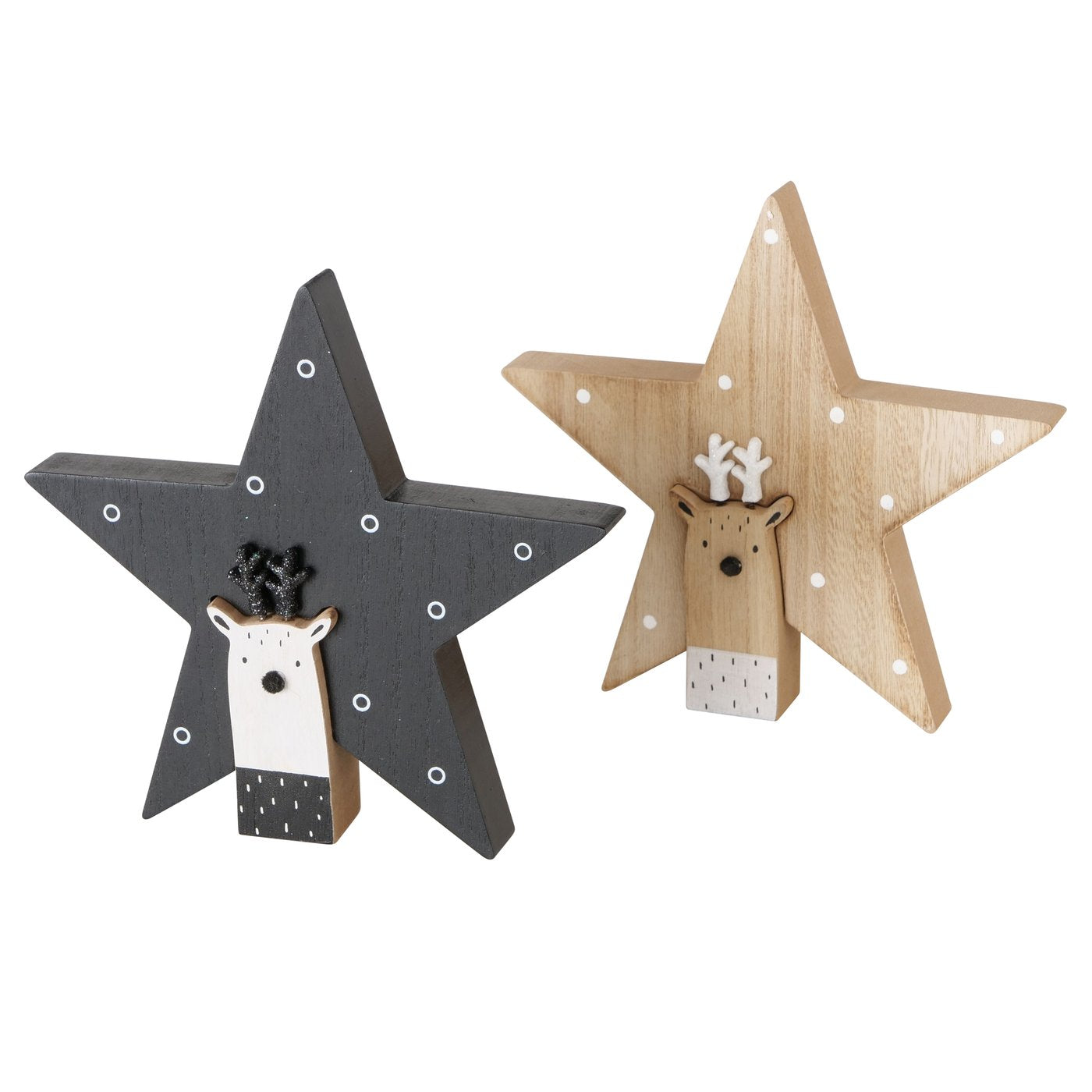 Rudolf stjerne i sort og natur, dekorative julefigurer i tre.