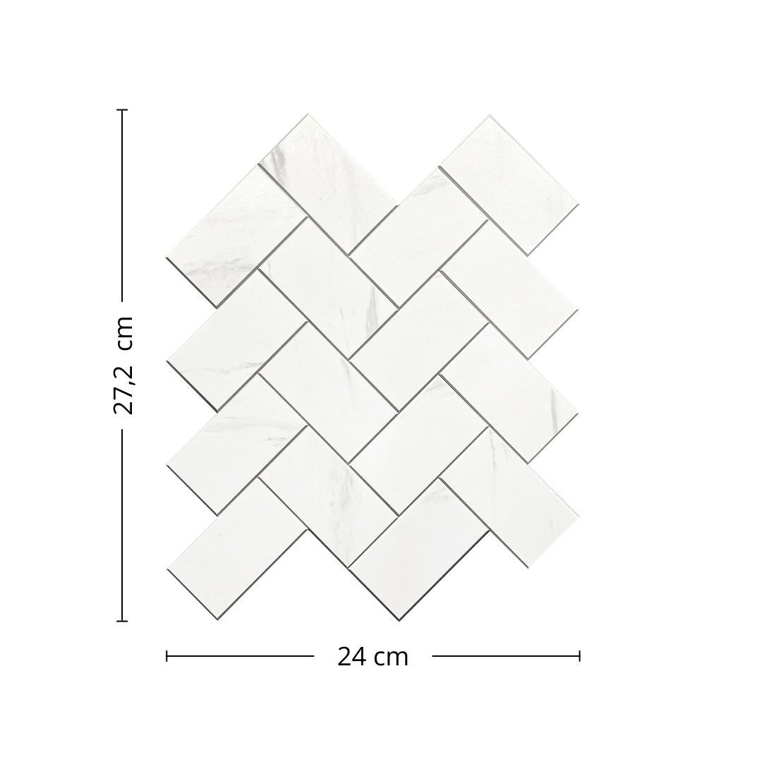 Selvheftende fliser som gir kjøkkenveggen en moderne marmorlook.