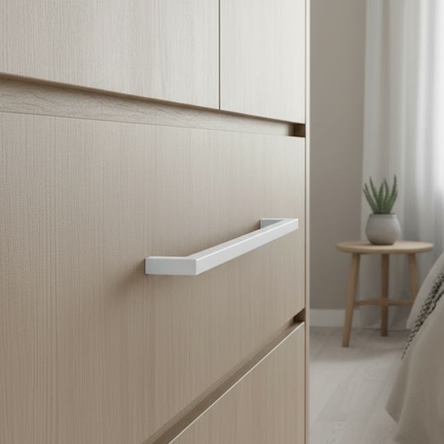 Moderne hvitt håndtak på skapdør i kjøkkeninnredning
