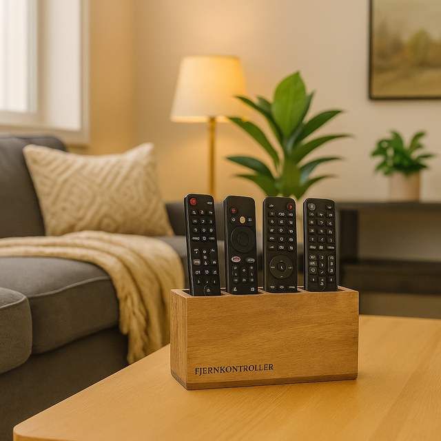 Treboks merket "FJERNKONTROLLER" med fire fjernkontroller, plassert på stuebord foran sofa og grønn plante.