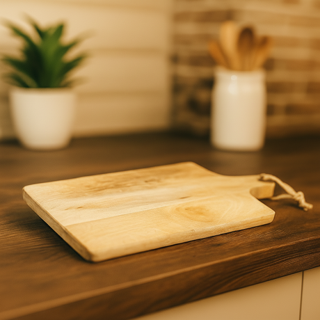 Rustikk trefjøl med hyssing på kjøkkenbenk i lun og koselig belysning.
