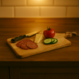 Skjærefjøl med ost, spekepølse, agurk, tomat og kniv på kjøkkenbenk i varm belysning.