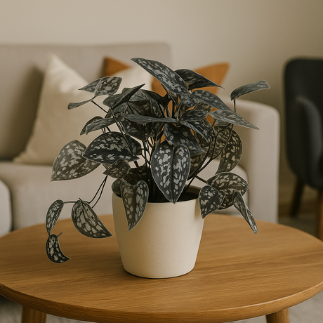 Sølvranke i lys keramikkpotte på stuebord, med sofa og puter i bakgrunnen.