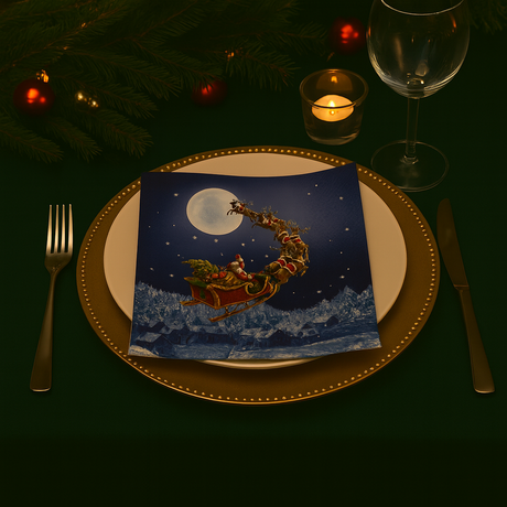 Dekket julebord med gullkantet tallerken og serviett med motiv av julenissen i slede under fullmåne.