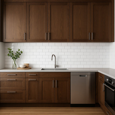 Kjøkken med mørk treinnredning og klassiske subway hvit veggfliser for et tidløst uttrykk.