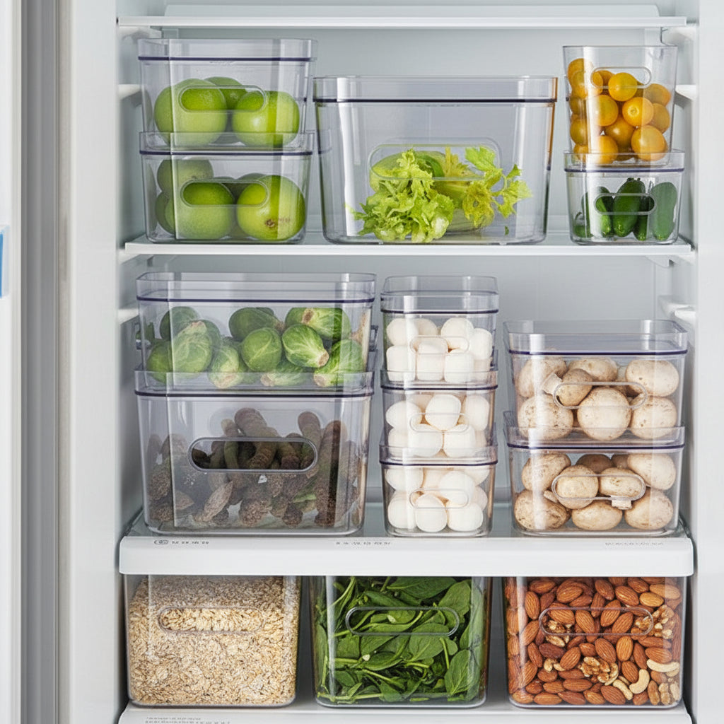 Klar plastboks til organisering i kjøleskap og skap