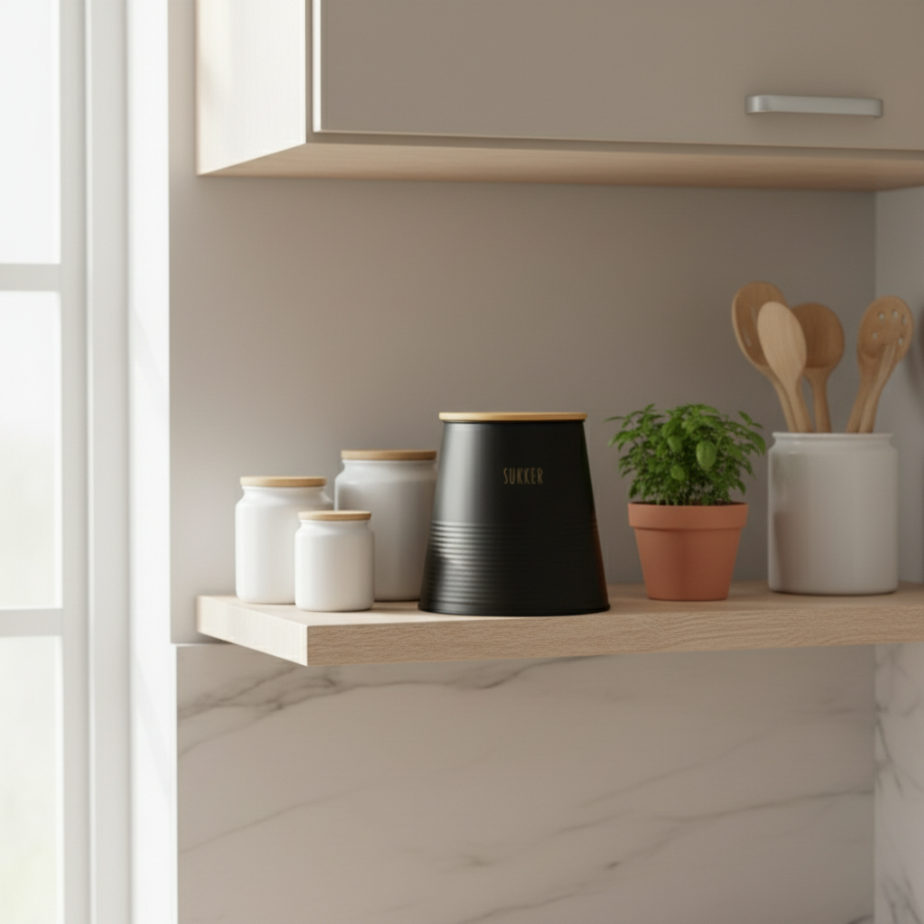 Kvadratisk produktfoto av sukkerboks med gullskrift SUKKER og åpent lokk på marmorinspirert benkeplate