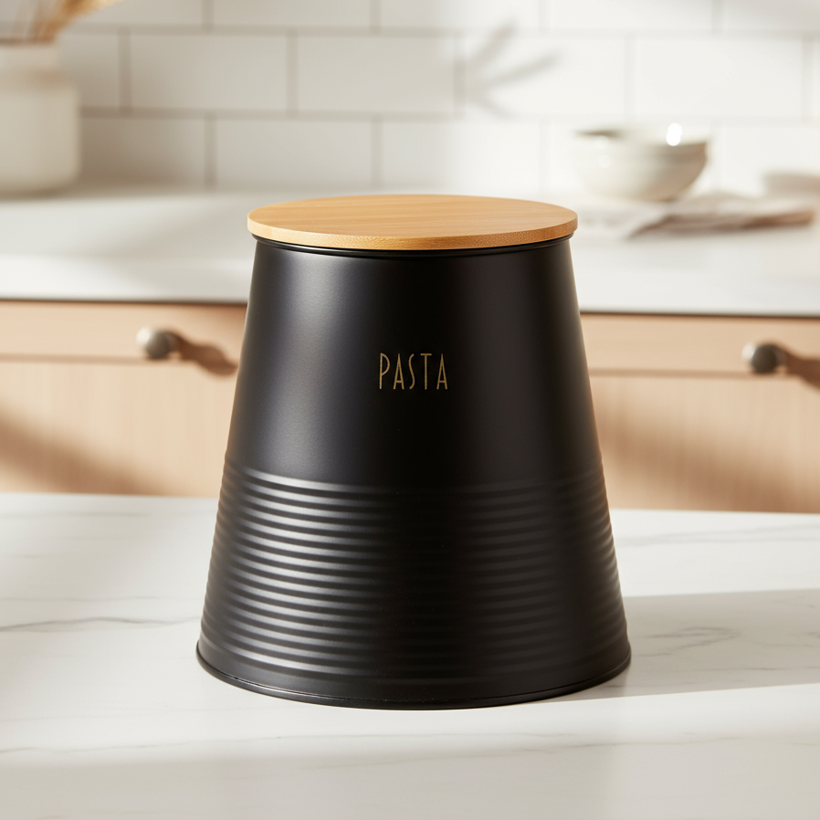 Kvadratisk bilde av sort pastaboks med bambuslokk