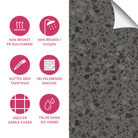 Selvklebende fliser i italiensk terrazzo look til gulv og vegg