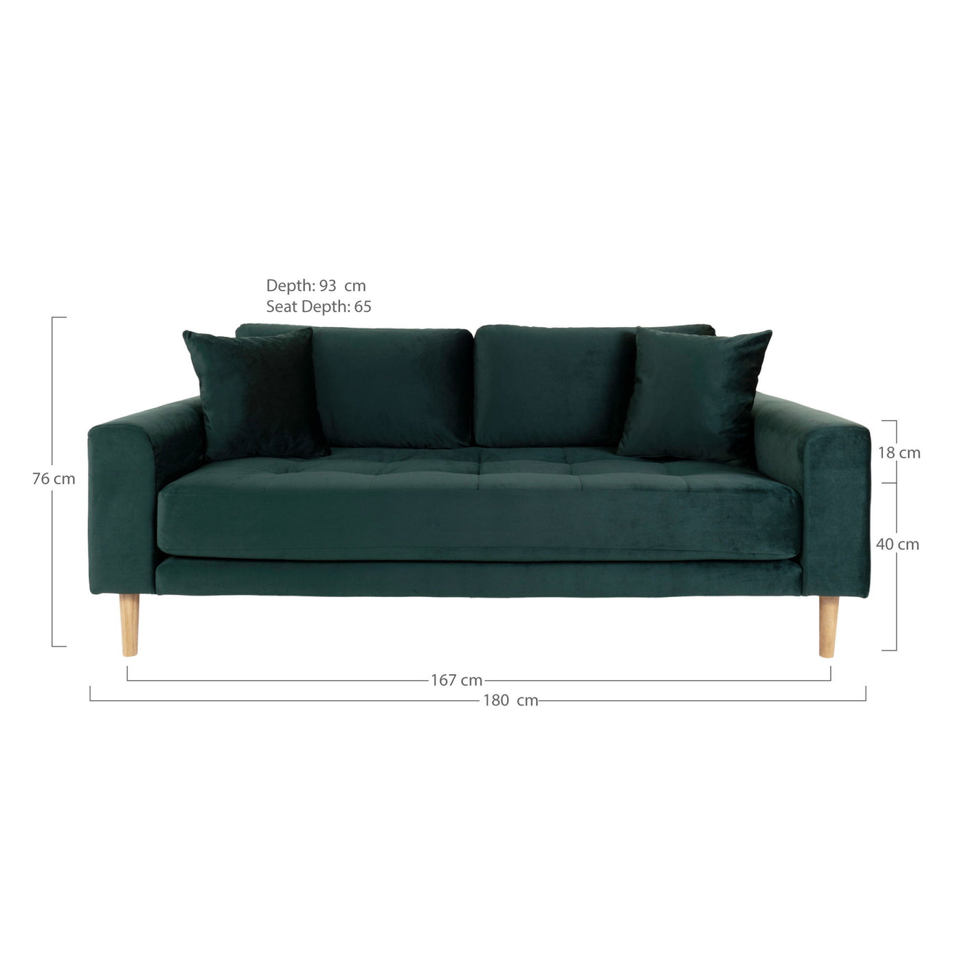 Måltegning av Lido 2,5 seters sofa i mørkegrønn velur