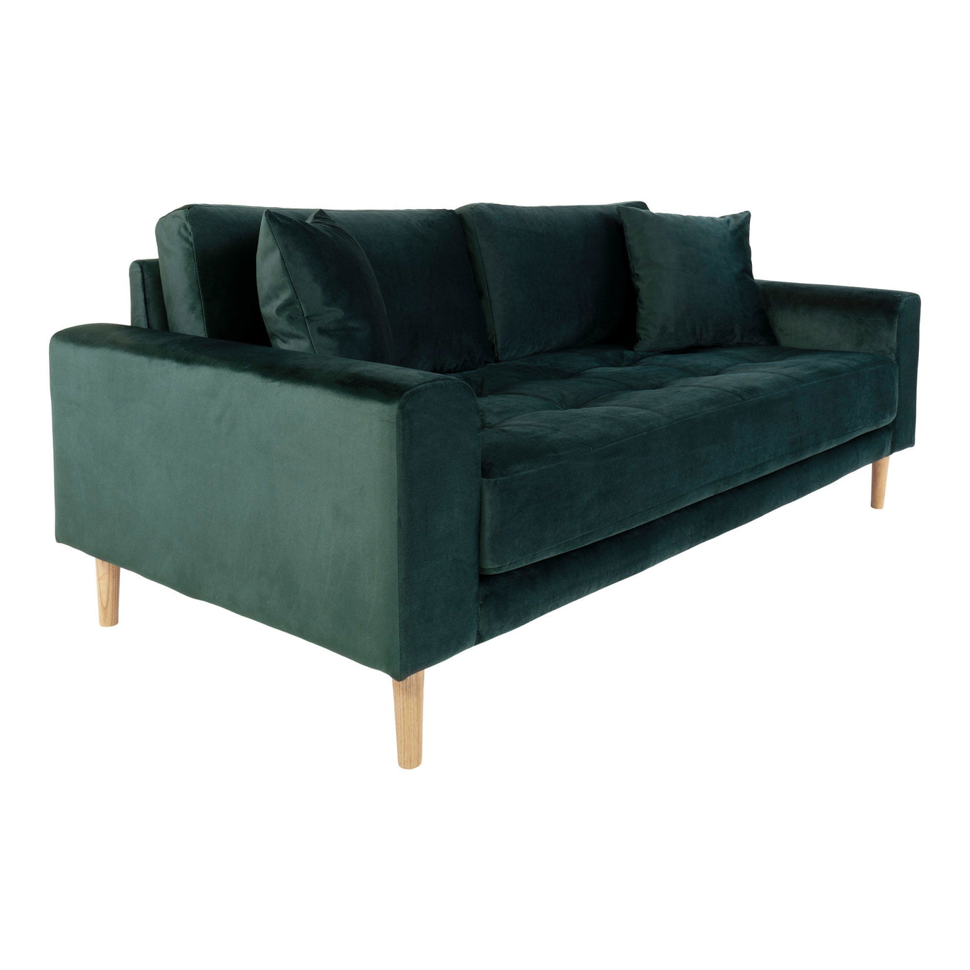 Komfortabel Lido sofa i mørkegrønn velur med treben – sideperspektiv