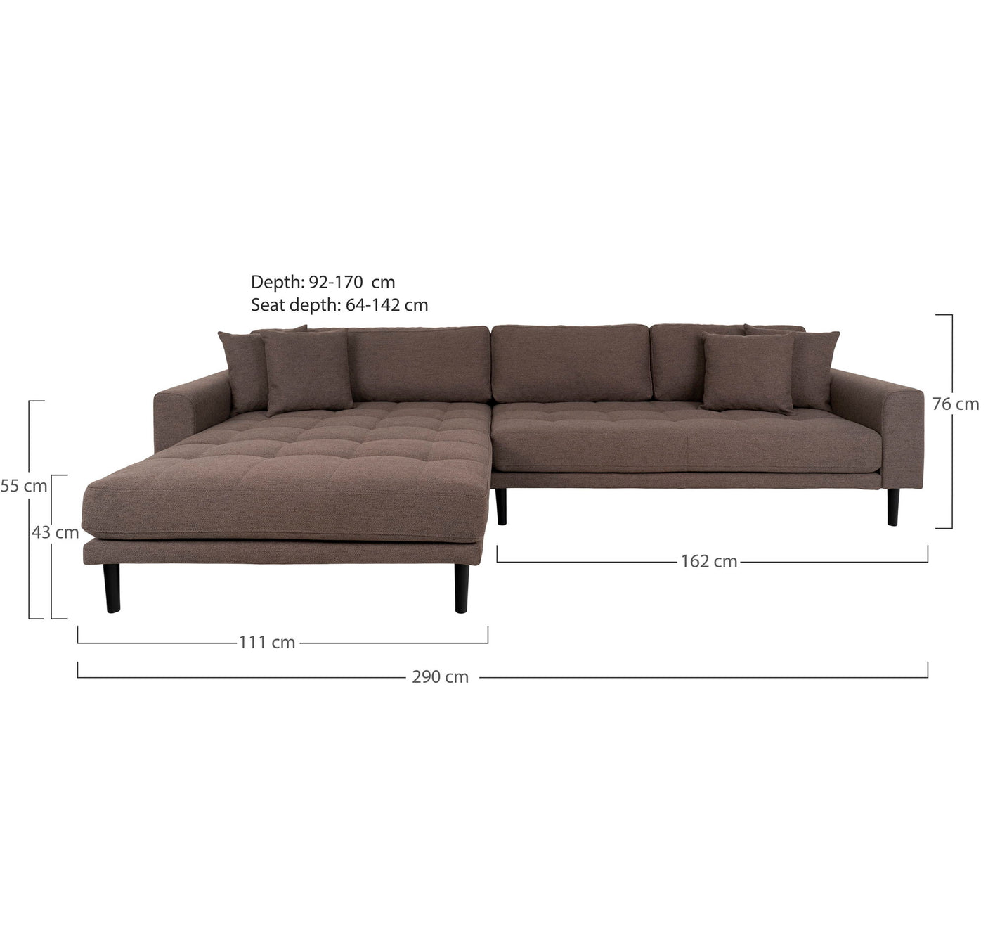 Måltegning av Lido Lounge Sofa venstrevendt – oversikt over dimensjoner.