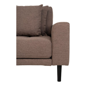 Detalj av Lido Lounge Sofa venstrevendt – brun tekstil og svarte ben.