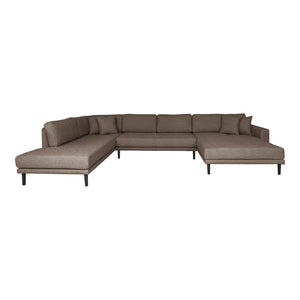 Lido U-sofa med åpen ende, brun tekstil og svarte treben – moderne design.