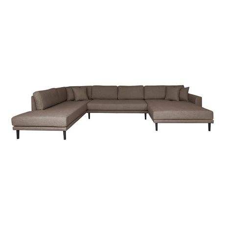 Lido U-sofa med åpen ende, brun tekstil og svarte treben – moderne design.