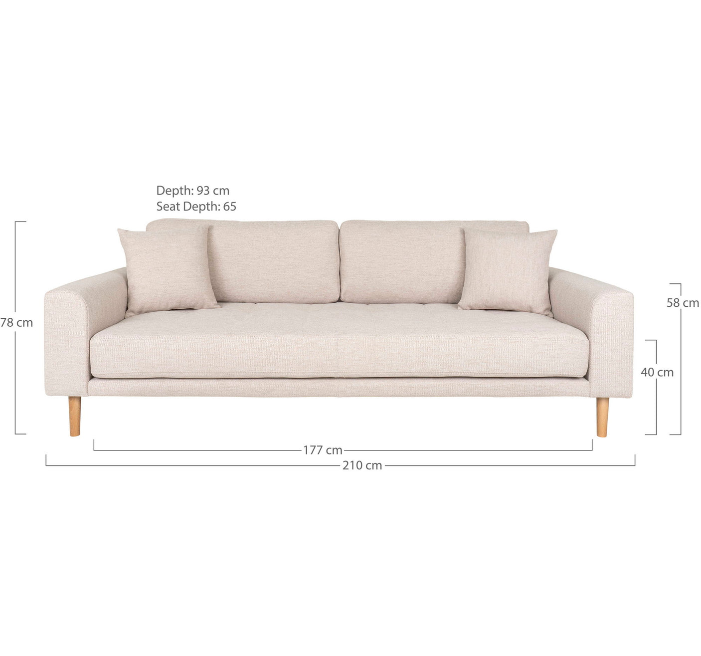 Moderne sandfarget sofa med rette linjer og faste puter. 