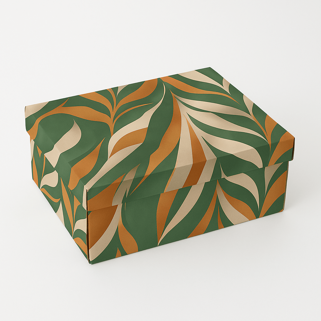 Boho leaves selvklebende folie på oppbevaringsboks - botanisk design i grønt og oransje