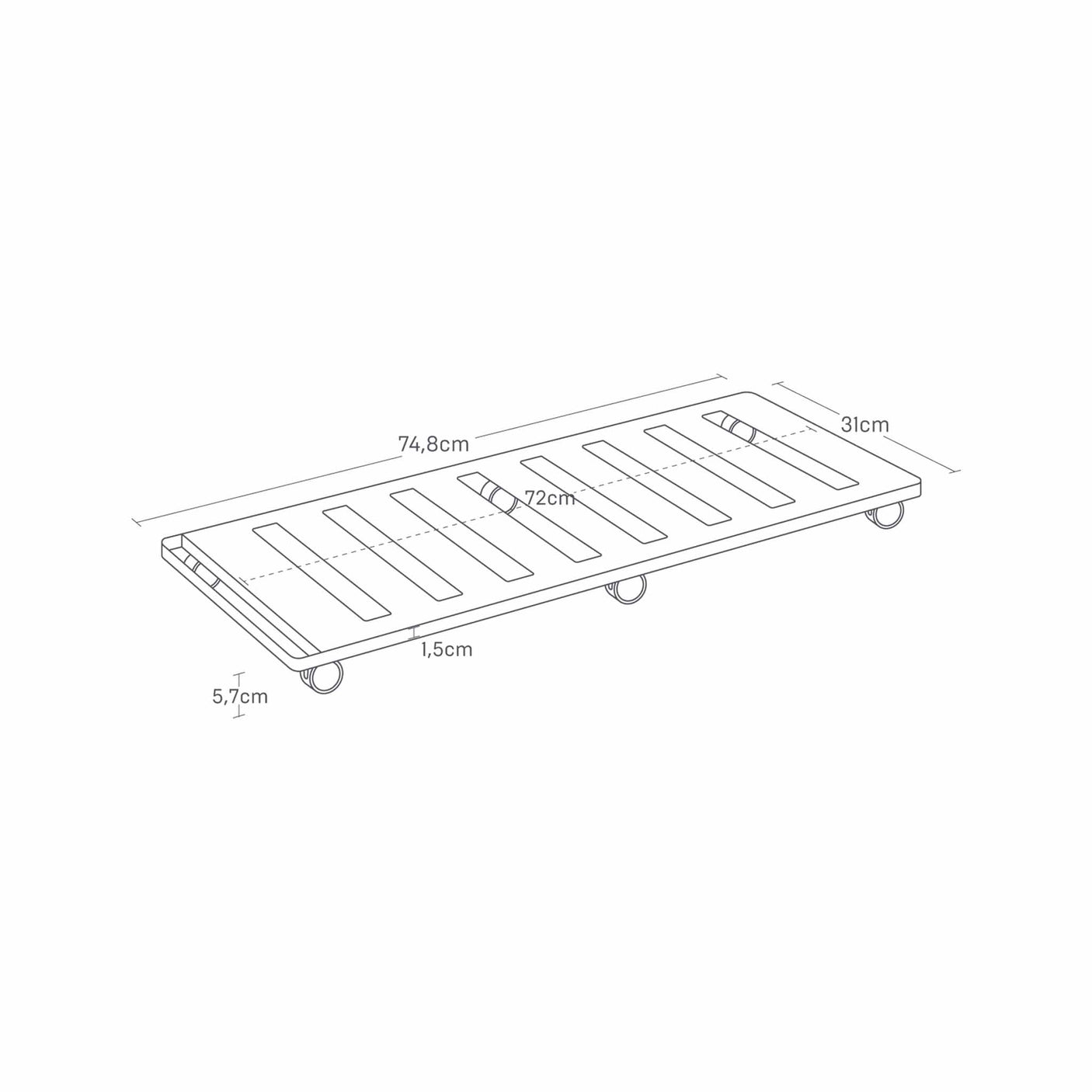 Förvaringsplatta på hjul under sängen med resväskor och förvaringslådor