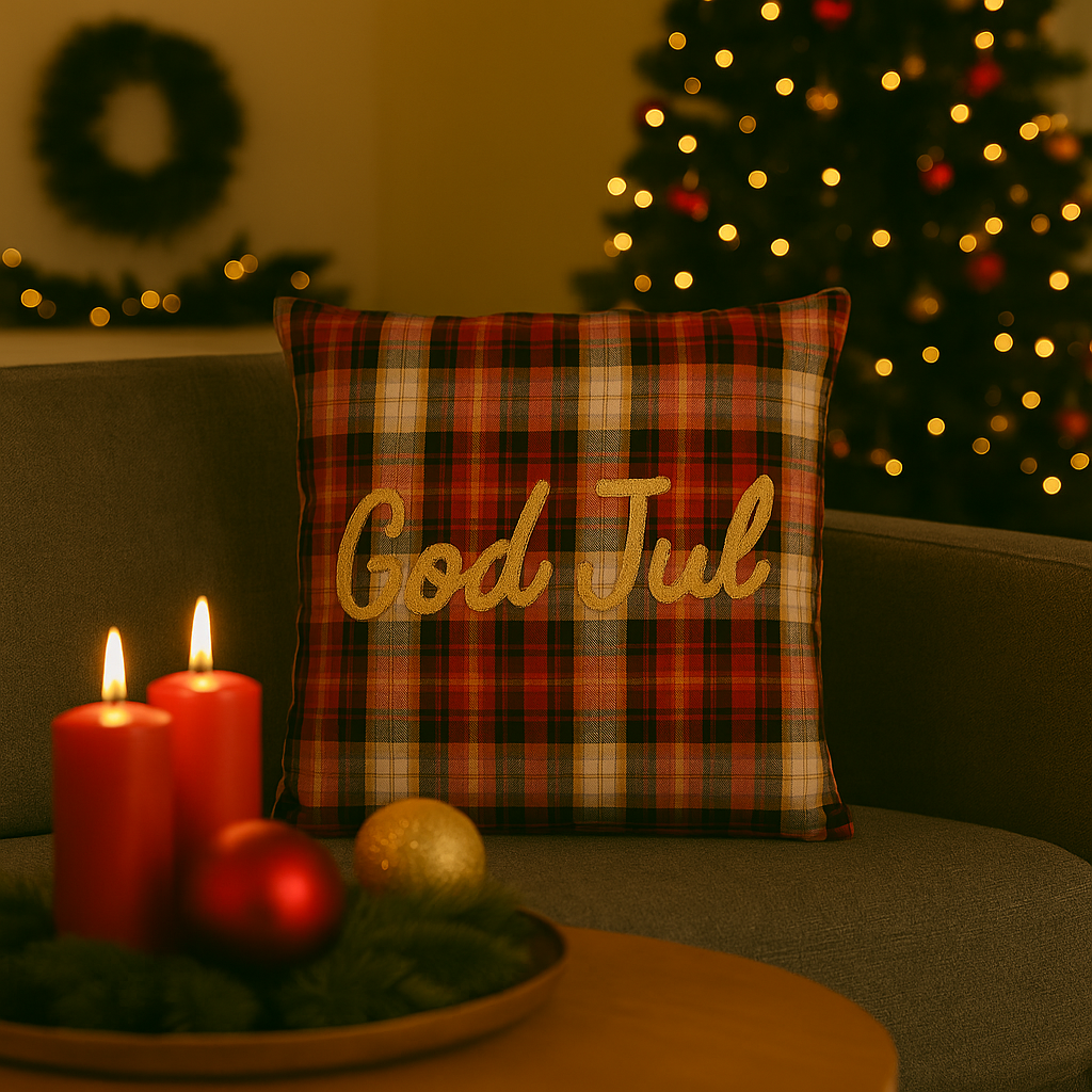 Rødrutete julepute med teksten "God Jul" i sofa, med pyntet bord, tente lys og juletre i bakgrunnen.