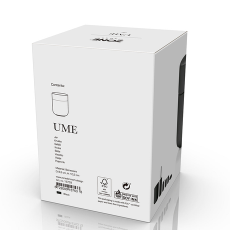 Produktemballasje med produktinformasjon til Ume krukke med lokk