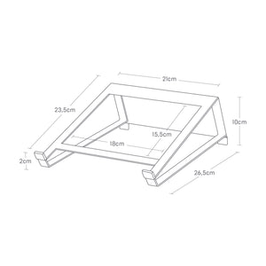 Detaljbilde av justerbar vinkel på hvitt metallstativ for laptop.