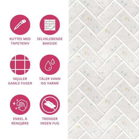 Terrazzo-fliser med ikoner som viser enkel montering, skjuler fuger, tåler varme og trenger ingen ekstra fuging.