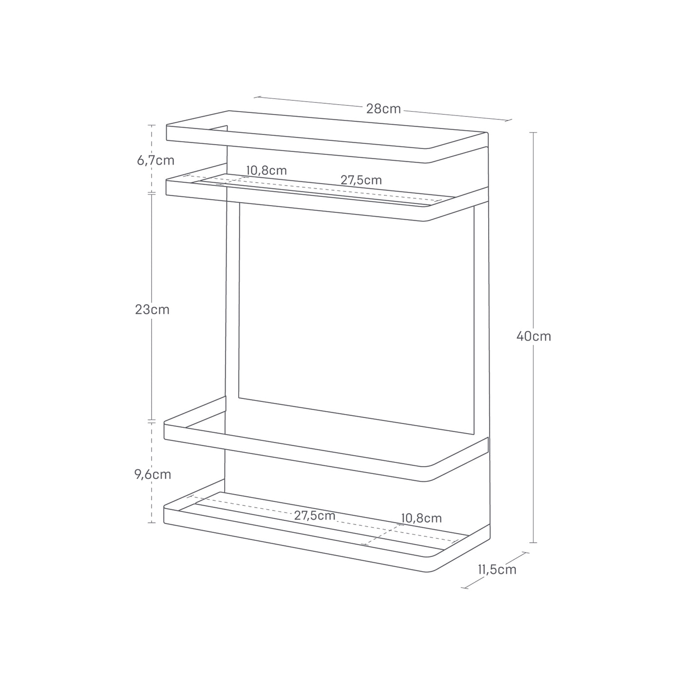 Oppbevaringshylle i hvit farge med magnetisk bakside brukt på bad.
