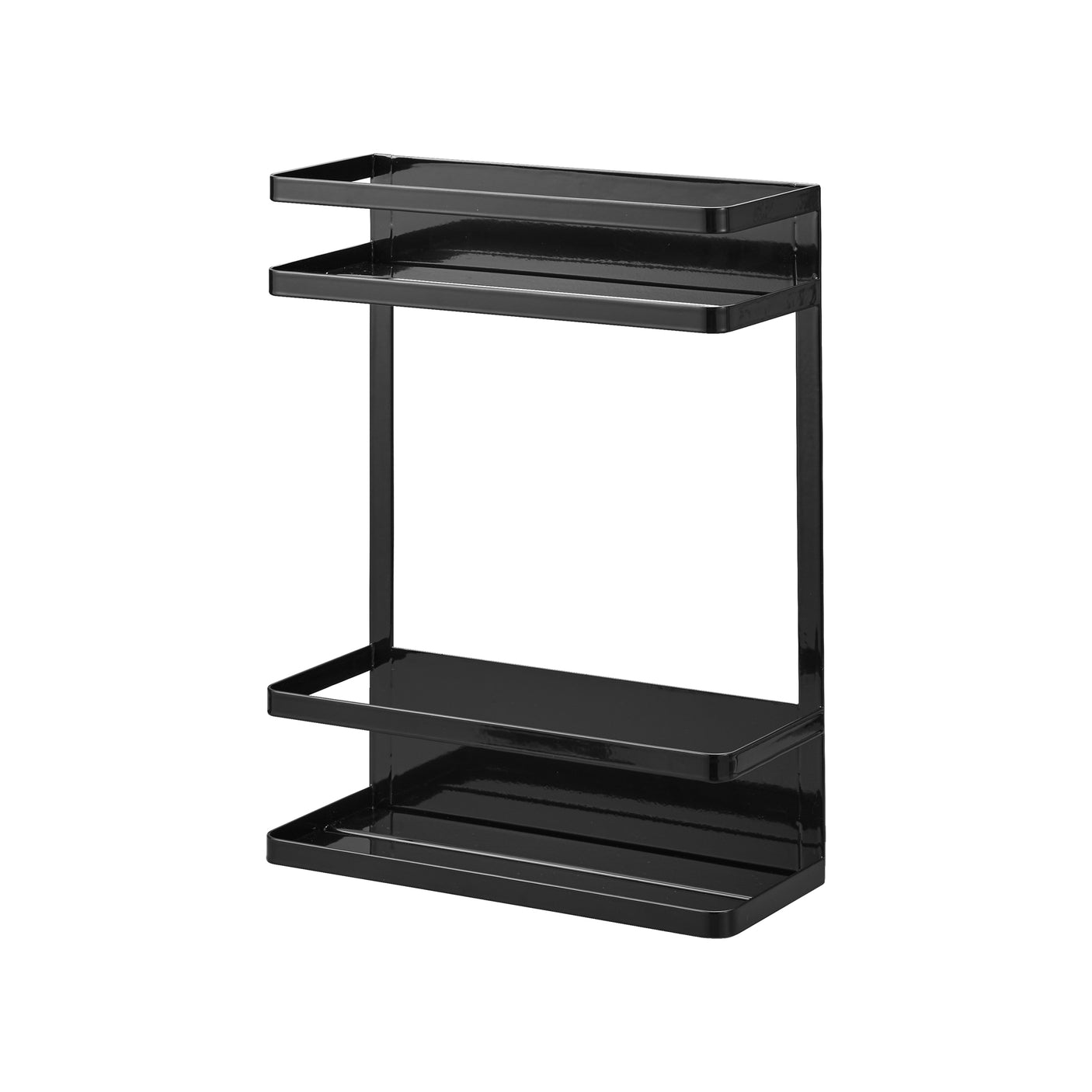 Toetasjes sort metallhylle brukt til oppbevaring av såpe og vaskemiddel.