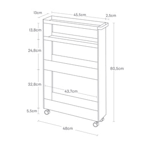Detaljbilde av hvit oppbevaringsvogn med fire åpne hyller.