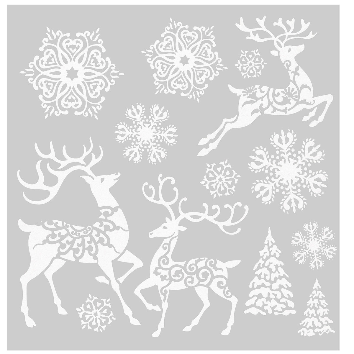 Julestickers med glitter 6 design 31,5 x 30,4 cm, ark med reinsdyr, snøkrystaller og juletrær