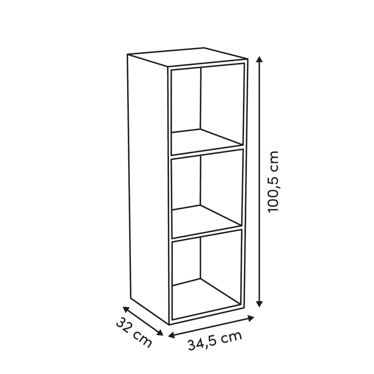 Mix'n Modul reol 3 rom valnøttfarget 100,5 cm, mål på reolen