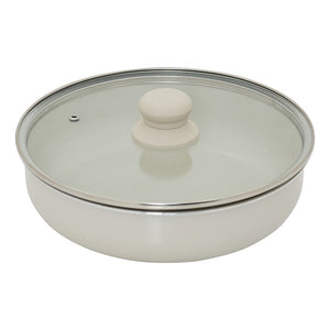 Beige gryte med glasslokk fra kokekarsettet