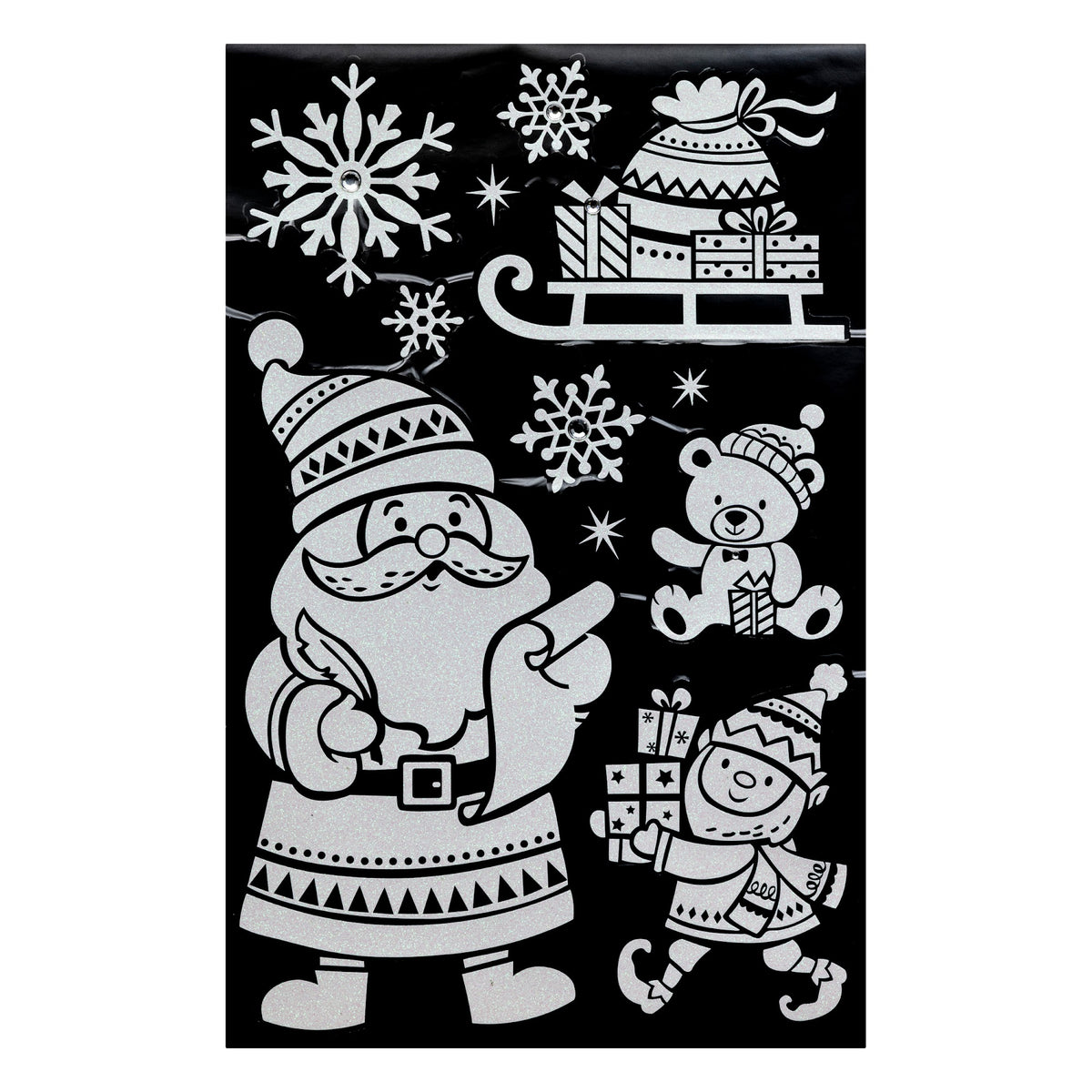 Julestickers med glitter og rhinsten 6 design 50 x 32 cm, nisse med gaver