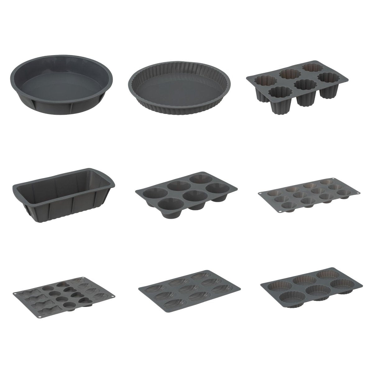 Grå silikon-bakeformer i serie, petit four-form med de øvrige formene