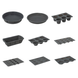 Grå silikon-bakeformer i serie, petit four-form med de øvrige formene