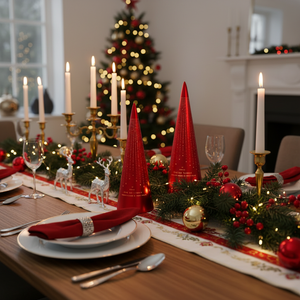 To røde kjegleformede LED-lyslykter med Det lyser-tekst på julepyntet bord med granbar, julekuler og stearinlys i varm julekos