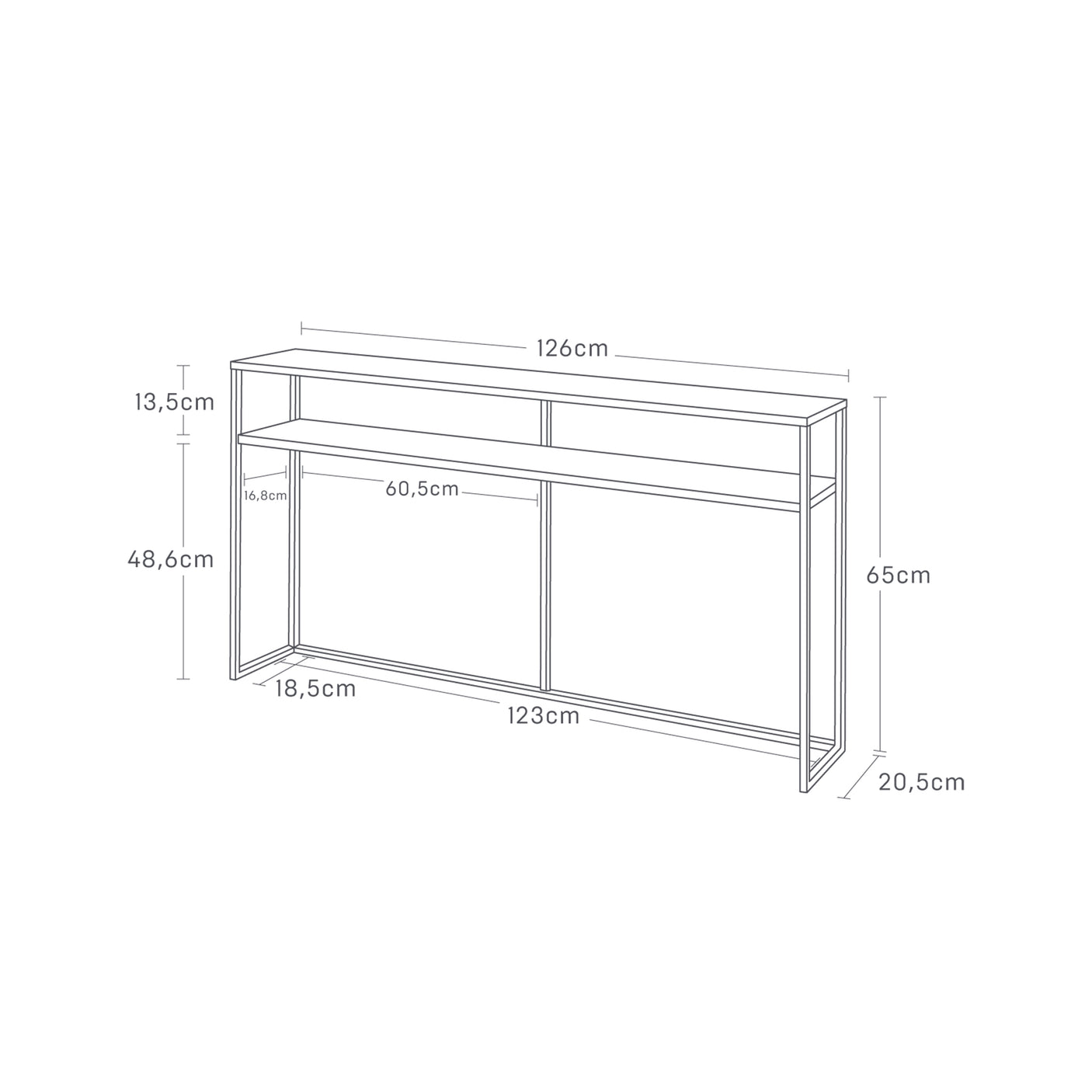 Moderne konsollbord i hvitt med oppbevaringshylle og dekor.