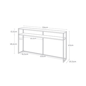 Moderne konsollbord i hvitt med oppbevaringshylle og dekor.