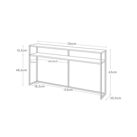 Moderne konsollbord i hvitt med oppbevaringshylle og dekor.