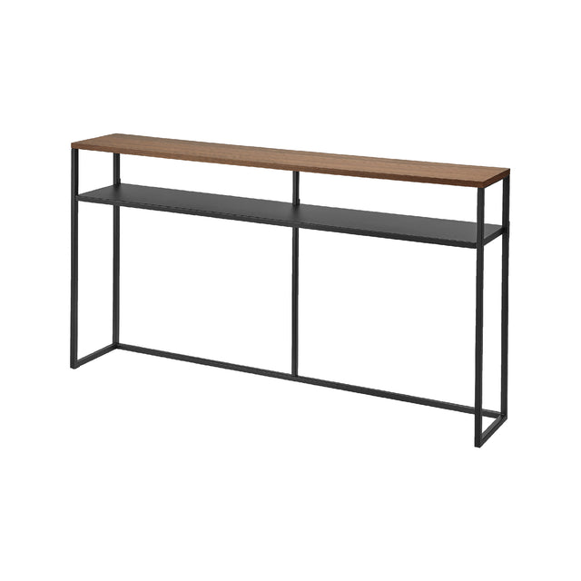 Sort konsollbord med treplate og oppbevaringshylle i stue.