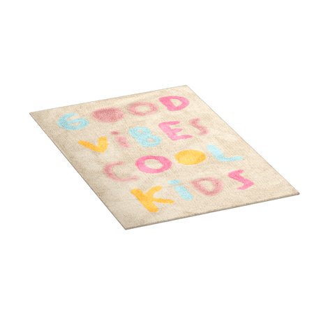 Rektangulært barneteppe 100 x 150 cm med fargerikt Good Vibes Cool Kids motiv, vist skrått ovenfra